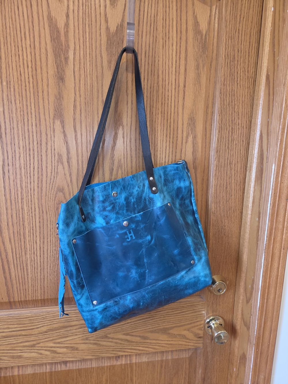 Blue LAGOON Leather Shoulder Tote with Front Patch and Black Straps